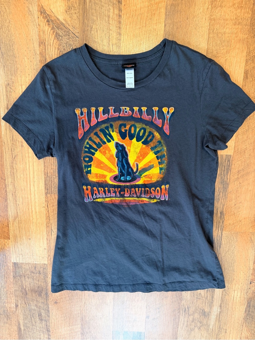 Vintage Harley-Davidson Black Baby Tee with Multicolor Retro Sunburst Graphic
